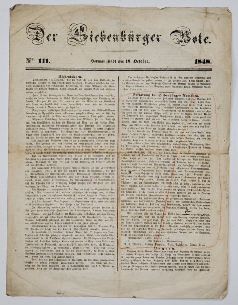 DER SIEBENBURGER BOTE , NR. 111 ZIAR , APARUT LA SIBIU , TEXT IN GERMANA CU CARACTERE GOTICE , 18 OCT. 1848