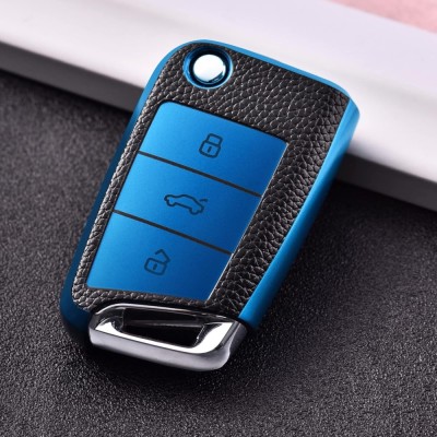Husa Cheie Auto Briceag VW Golf mk7, Tpu, Aspect Piele, Albastru foto