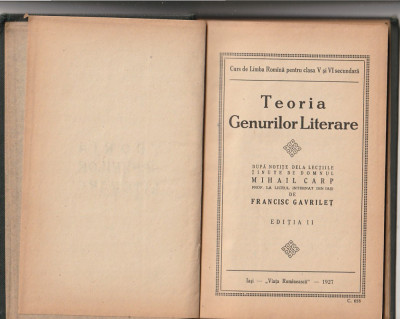 MIHAIL CARP - TEORIA GENURILOR LITERARE ( 1927 EDITIA II ) foto