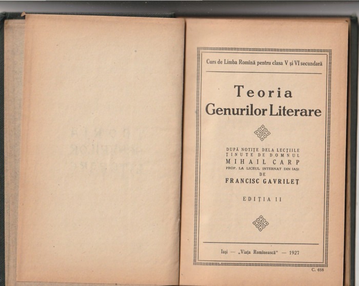 MIHAIL CARP - TEORIA GENURILOR LITERARE ( 1927 EDITIA II )