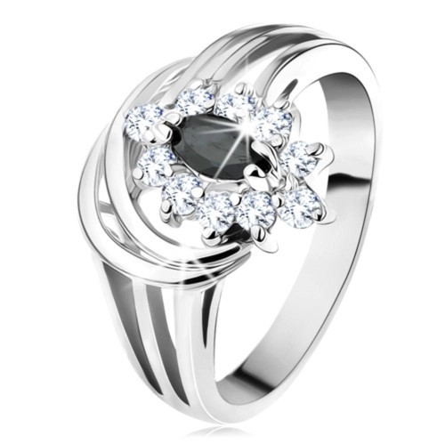 Inel de culoare argintie, zirconiu negru &icirc;n formă de bob, două arcade lucioase - Marime inel: 49