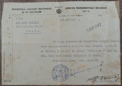 Aprobare inscriere supranumerara la Liceul Ferdinand I Bacau, 1942 foto