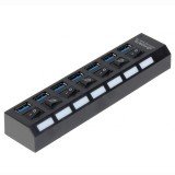 Hub USB 2.0, 7 Porturi cu LED si Intrerupator ON/OFF, Transfer 480Mbps, ABS, 16.5x3.5x2 cm