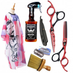 Set complet frizerie barber foarfeca tuns filat rosu brici metalic barbershop foto