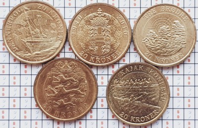 A042 Danemarca set 5 monede diferite de 20 coroane kroner Aunc-UNC foto