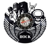 Ceas Perete Disc Vinil Rock Music, Craniu Casti, Microfon Retro, Aripi Stilizate, Skeleton, Negru, 30cm