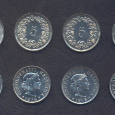 ELVETIA SET DE MONEDE █ 5 Rappen x6 buc █KM-26 1969 1970 1974 1975 1978 1980 UNC