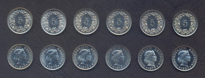 ELVETIA SET DE MONEDE █ 5 Rappen x6 buc █KM-26 1969 1970 1974 1975 1978 1980 UNC foto