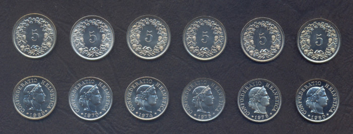 ELVETIA SET DE MONEDE █ 5 Rappen x6 buc █KM-26 1969 1970 1974 1975 1978 1980 UNC