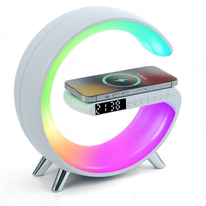 Lampa Smart LED RGB si Incarcator Wireless, Lumini Ambientale, Sincronizare muzicala, Difuzore, Bluetooth, Afisaj Ceas, Control prin aplicatie, Alb