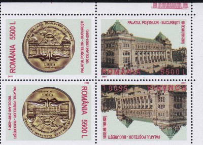 ROMANIA 2002 LP 1575 a -100 ANI INAUGURAREA PALATULUI PTT SERIE TETE-BECHE MNH foto