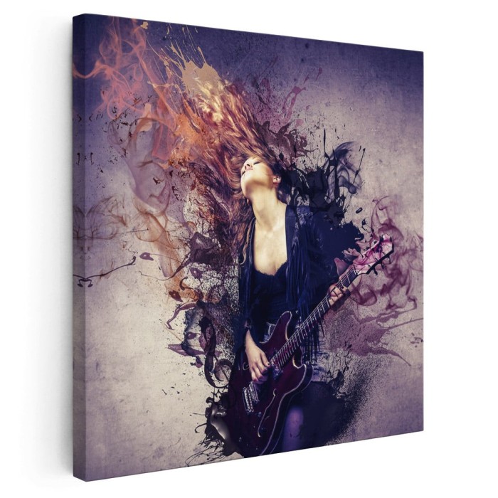 Tablou femeie cantand la chitara mov 2046 Tablou canvas pe panza CU RAMA 60x60 cm