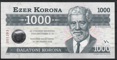 !!! RARR : UNGARIA , LOCAL MONEY - 1000 BALATONI KORONA 2015 - UNC / CEA DIN SCAN foto