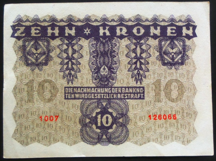 Bancnota istorica 10 COROANE - AUSTRO-UNGARIA, anul 1922 *cod 867 - seria 126066