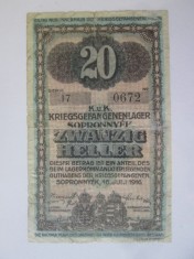 Rara! Austro-Ungaria:Lagarul de prizonieri WWI Sopronnyek(Ungaria) 20 Heller/Filler 1916 negru si albastru,prizonier Camil Petrescu,bancnota uzatata foto