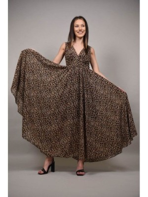 ROCHIE LUNGA DE OCAZIE CU TUL ASIMETRICA IN PARTEA DE JOS GENONI XS-S Animal Print foto