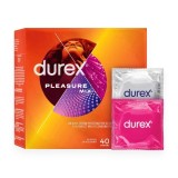 Set prezervative DUREX Pleasure Mix, diverse sortimente stimulatoare, din latex, diametru 56 &plusmn; 2 mm, 40 buc