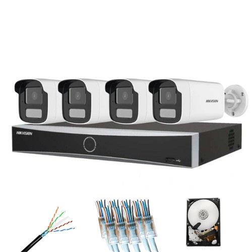 Sistem supraveghere IP complet 4 camere Hikvision 8MP Smart Hybrid Light 50m microfon, NVR 8 canale, HDD si accesorii instalare incluse SafetyGuard Su