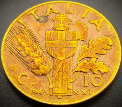 Moneda istorica 10 CENTESIMI - ITALIA FASCISTA, anul 1943 * cod 4980 = excelenta + patină foto