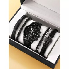 Set pentru Barbati Ceas si 4 Bratari, Negru- 97816