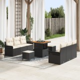 Set Sofă Grădină vidaXL cu 9 Piese și Perne Ratan Polimer Negru, Sofă Grădină cu 2 Locuri și Spațiu Depozitare &amp; Perne Ratan Polimer Negru, Set Cină G