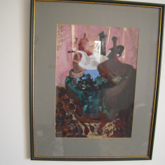 Tablou: Arina Gherghita - Carafe pe masa, tempera pe hartie, cu dim. 40x29 cm.