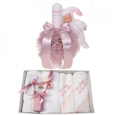 Trusou botez cu mesaj si lumanare botez personalizata, decor roz pudra cu foto