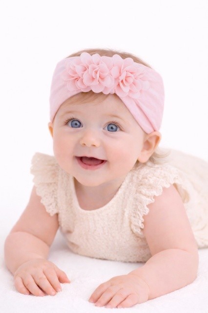 Bentita lata roz banan pentru fetite cu floricele aplicate