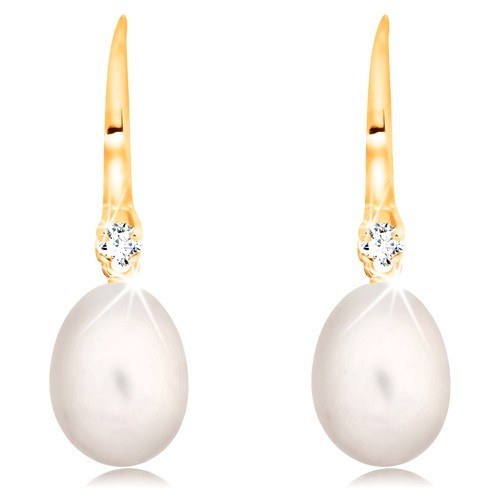 Cercei din aur galben 14K - perla albă ovală și zirconiu transparent pe  cârlig | Okazii.ro