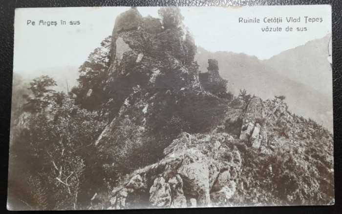 Carte postala, pe Arges in sus, Ruinele Cetatii Vlad Tepes vazute de sus, 1935
