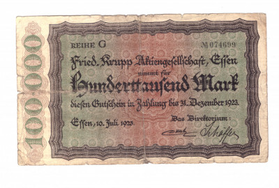 Bancnota Germania - Essen 100000 mark/marci 1923, stare relativ buna foto