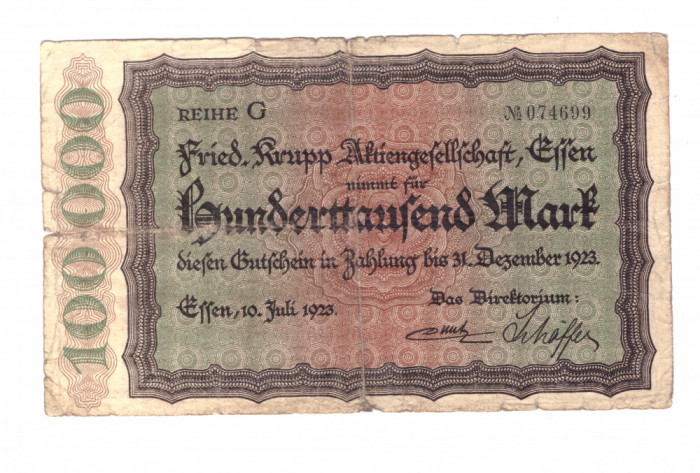 Bancnota Germania - Essen 100000 mark/marci 1923, stare relativ buna