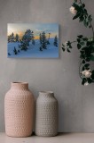 Tablou Canvas, "Pădurea &icirc;nzăpezită la apusul soarelui", Zapadă, Copaci, Apus, Cer, Peisaj, Liniște, Iarnă, 39 x 26 cm, CMCLASS