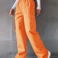 Pantaloni largi, cu talie inalta si buzunare, portocaliu, dama, Shein