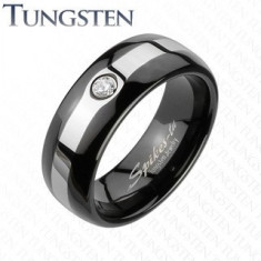 Inel negru din tungsten - zircon și linie argintie - Marime inel: 63