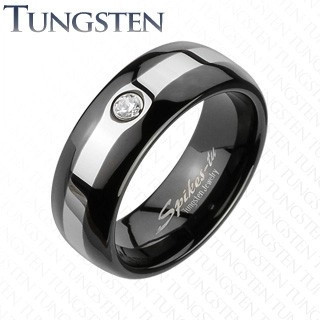 Inel negru din tungsten - zircon și linie argintie - Marime inel: 60