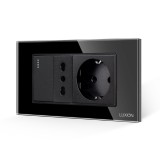 Cumpara ieftin Intrerupator simplu cu priza ingusta si Schuko Luxion, rama sticla neagra, 4M