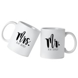 Set Cana din ceramica haioasa, cu mesaj Mr and Mrs 2025, alba, 330 ml, pentru viitori miri/mireasa, nunta 2025