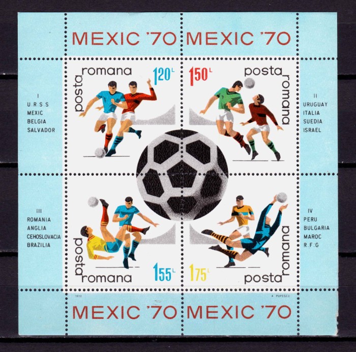 ✅RO 1970 ,LP 729a,&quot;C.M. Fotbal Mexic &#039;70&quot;, colita 75 ,MNH