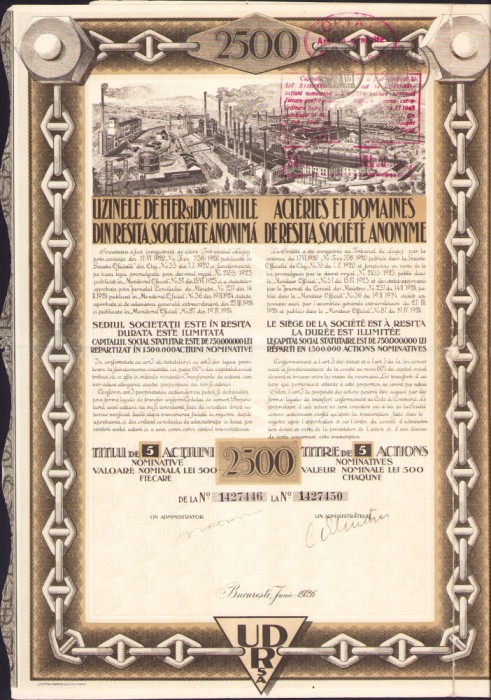HST A660 Titlu Uzinele de Fier și Domeniile Reșița cesionat Axente Banciu 1942