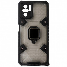 Husa antisoc plastic cu TPU, stand, placuta metalica pentru suport magnetic, transparent cu negru pentru Xiaomi Redmi Note 10, 10S, Poco M5s