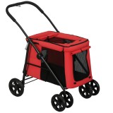 PawHut Cărucior pliabil pentru animale c&acirc;ini pisici cu pernă inclusă, roți cu fr&acirc;nă, material textil Oxford 600D, 102 x 62 x 105 cm, roșu | Aosom Roma