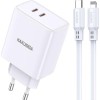 Incarcator de retea Kakusiga, 40W PD, Fast charge 3.0, 2 porturi USB-C + cablu Lightning, Alb, Huawei
