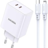 Incarcator de retea Kakusiga, 40W PD, Fast charge 3.0, 2 porturi USB-C + cablu Lightning, Alb, Huawei