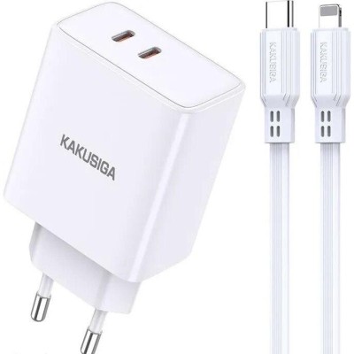 Incarcator de retea Kakusiga, 40W PD, Fast charge 3.0, 2 porturi USB-C + cablu Lightning, Alb foto