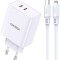 Incarcator de retea Kakusiga, 40W PD, Fast charge 3.0, 2 porturi USB-C + cablu Lightning, Alb