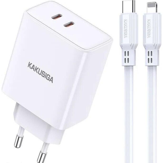 Incarcator de retea Kakusiga, 40W PD, Fast charge 3.0, 2 porturi USB-C + cablu Lightning, Alb