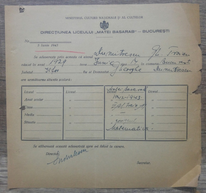 Certificat situatie scolara// Liceul Matei Basarab Bucuresti, 194