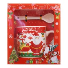 Set cana ceramica cu lingurita flippy, 200 ml, tematica mos craciun cu sanie, multicolor