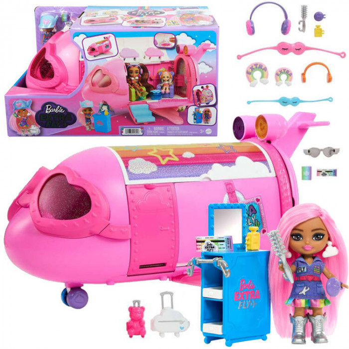 Avion curcubeu roz Barbie Extra Fly Minis pilot păpușă ZA5092